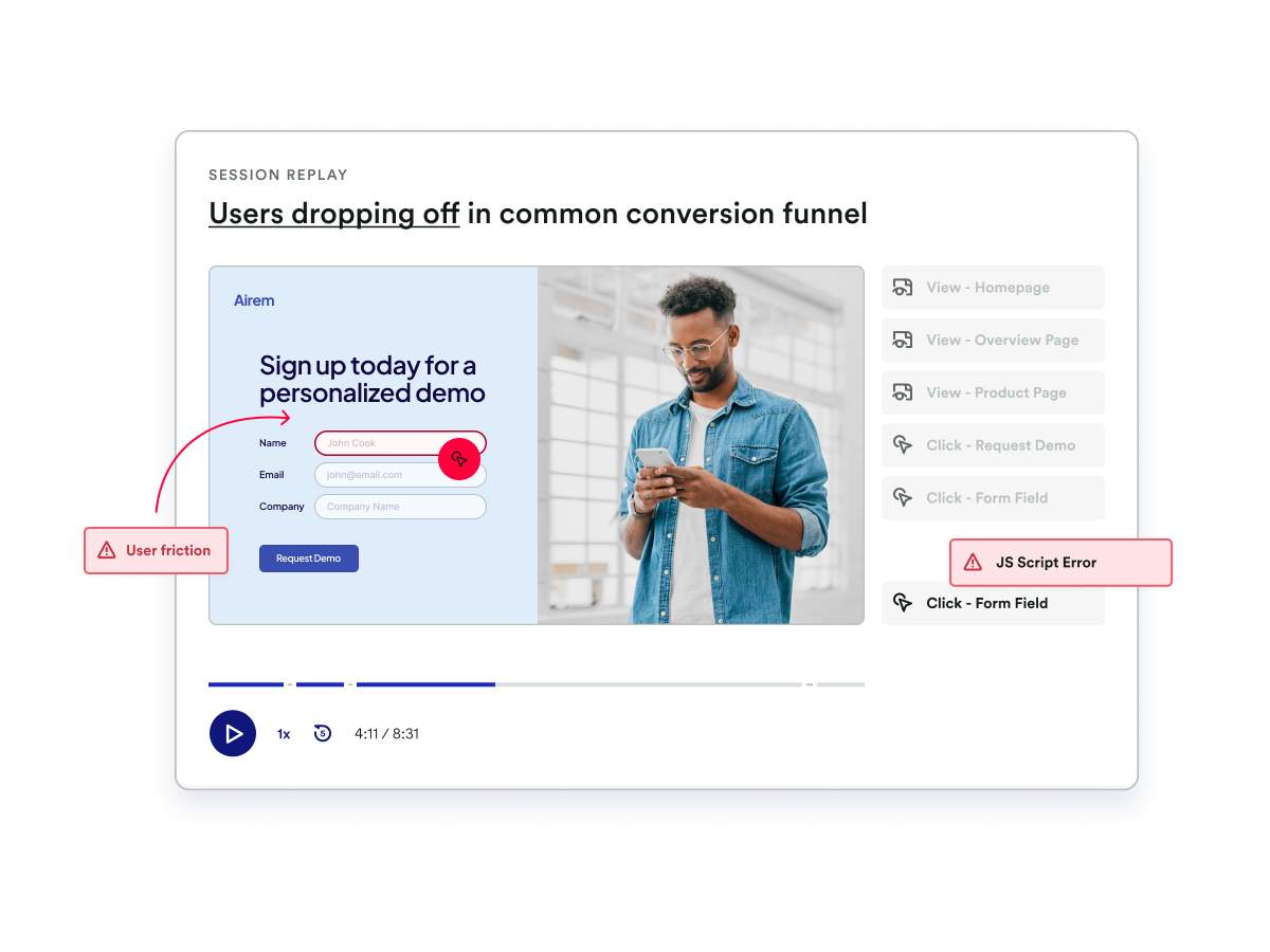 A screenshot of a session replay of users dropping off in a common conversion funnel